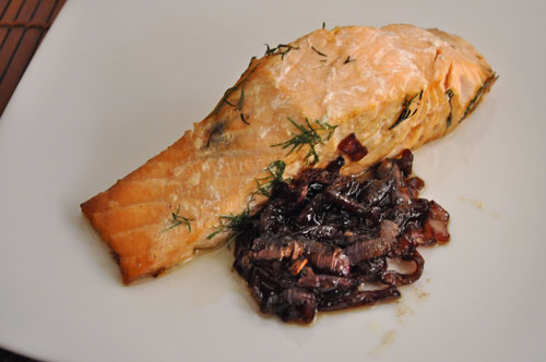 Grilled Salmon with Red Onion Confit
